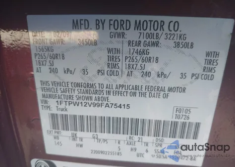 2009 Ford F-150 King Ranch/Lariat/Platinum/Xl/Xlt from USA, damaged, VIN 1FTPW12V99FA75415